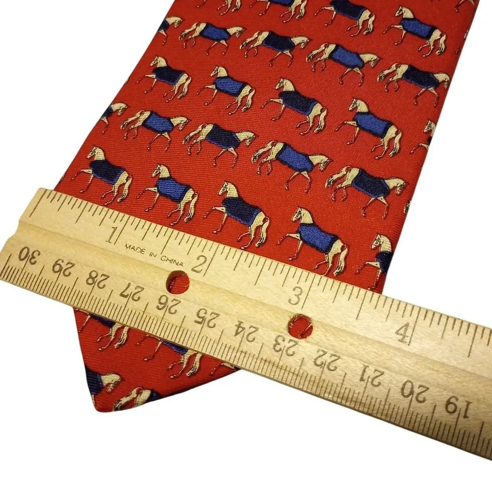 Brooks Brothers Makers Mens Red Silk Equestrian Horse Print Tie Hand Made‎ USA